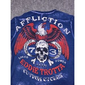Affliction Henley Shirt Mens XL Blue Eddie Trotta Custom Cycles Skull Graphic